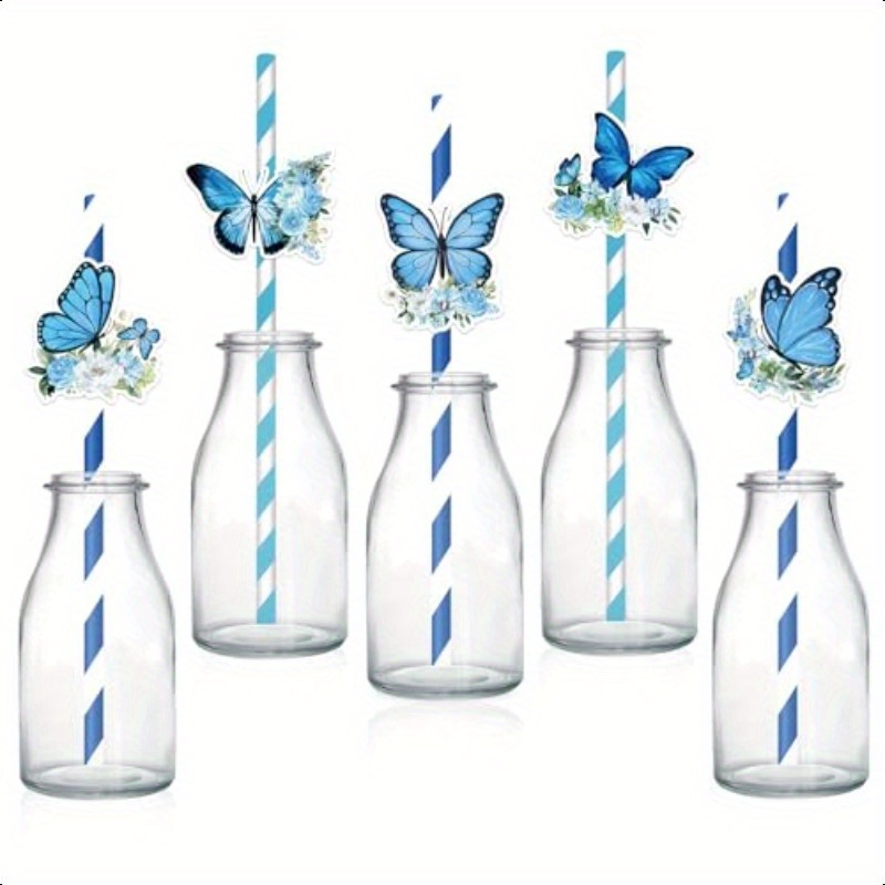 50pcs Blue Butterfly Floral Paper Straws with Adhesive Dots - Disposable Party Supplies for Baby Shower, Bridal Shower, Birthday Decorations - Elegant Drinking Straws for Kids &amp; Adults, Butterfly Theme Baby Shower Decorations, Festive Drinkware, Vibrant Stripe Pattern, Reliable Construction