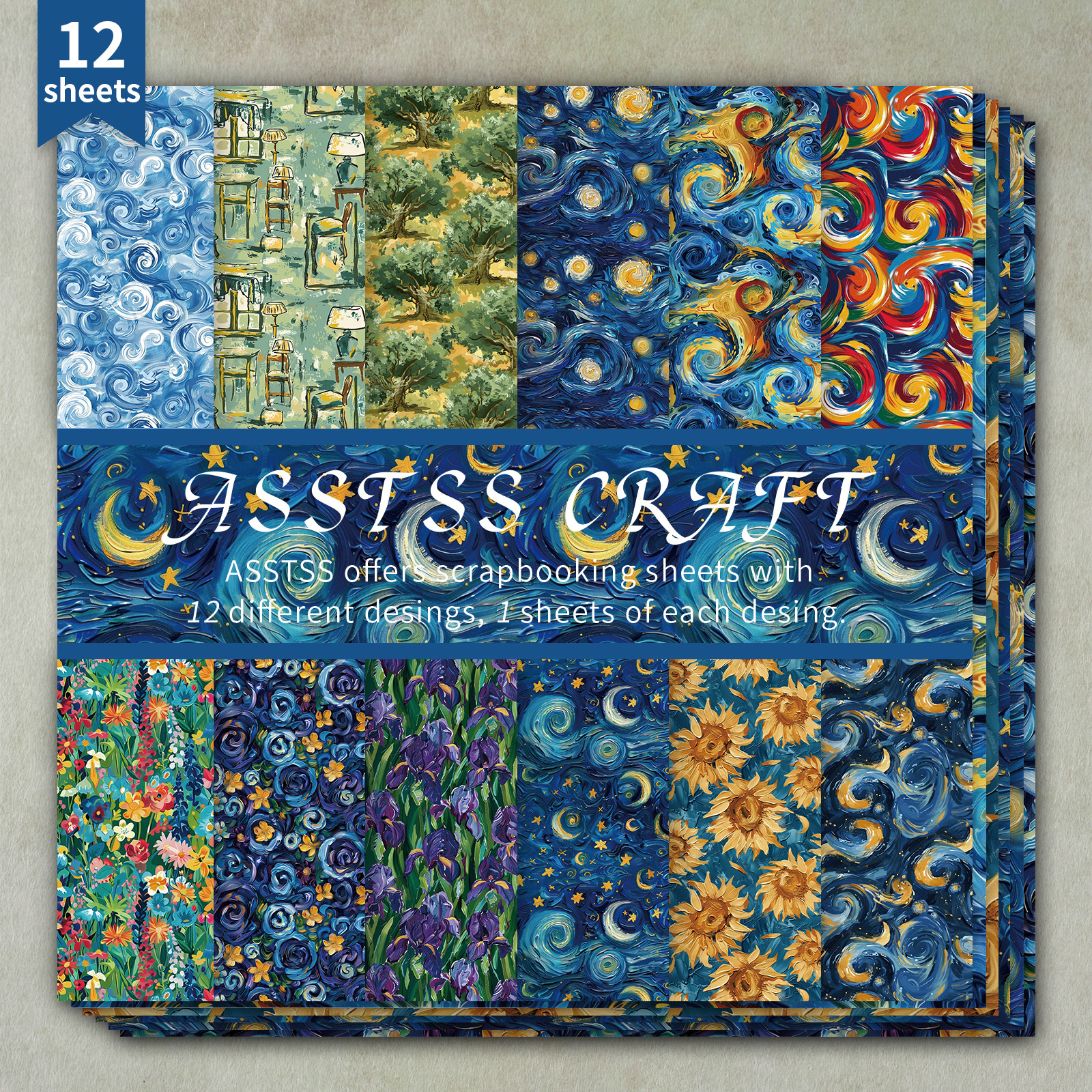 TEMU A 12-sheet Paper Pad Measuring 6x6 Inches, Featuring A Retro Theme Van Gogh. This Heavyweight Cardstock Is Perfect For Journaling, Collage Art,