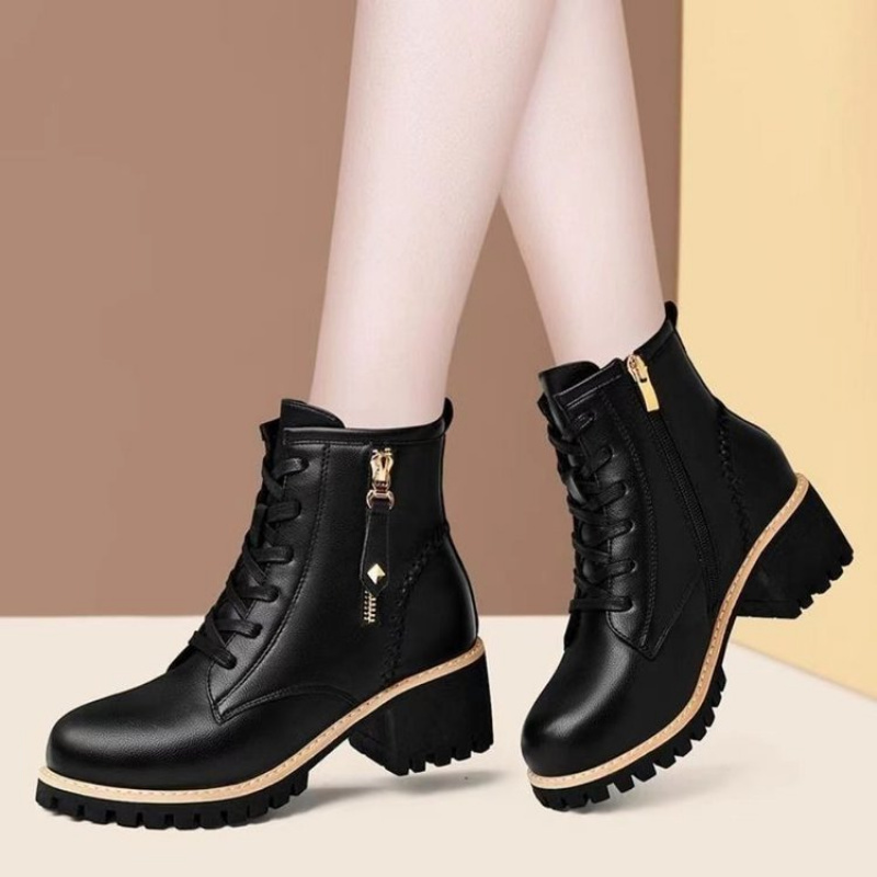 2025 Autumn Winter New Versatile Single Boots Thick Sole Fleece Lined Warm Motorcycle Short Boots Women's Boots, Women Shoes