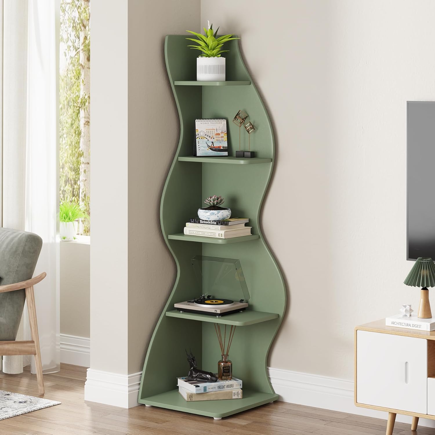 Corner Shelf, Modern 5-tier Wall Corner Bookshelf, Stylish Corner Bookcase Storage Rack Plant Stand With Unique Shape For Living Room, Home Office