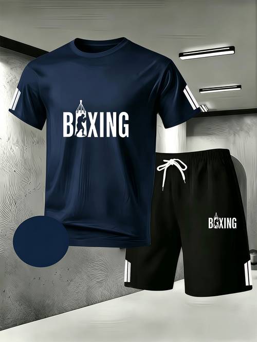 mens boxing style sports suit polyester mesh breathable short sleeve t shirt drawstring shorts quick dry sweat wicking fitness training outfit comfortable casual 2pcs set for running and basketball lightweight summer sportswear