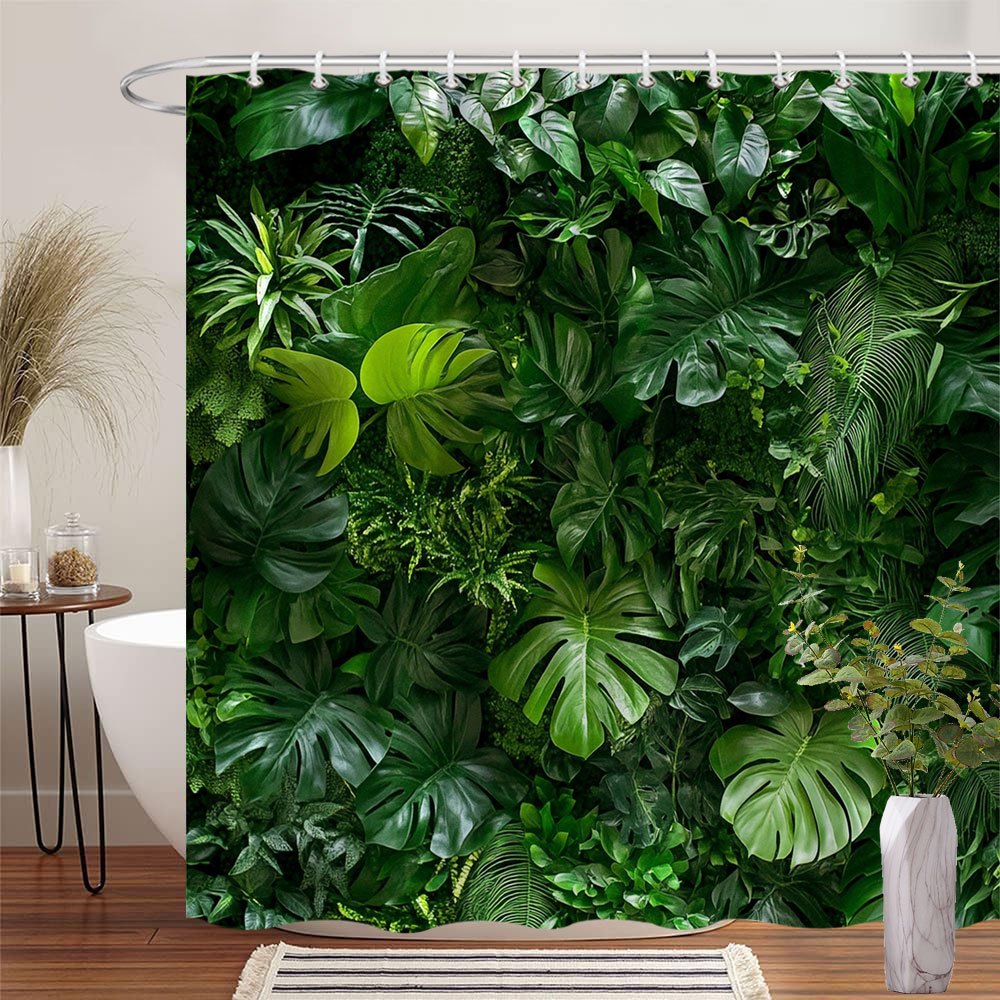 TEMU Rideau de Douche Tropique Exubérante 1pc - Feuilles Vibrantes de Monstera, Calathée et Fougère, Motif à Foin Densément, Tissu en Polyester avec