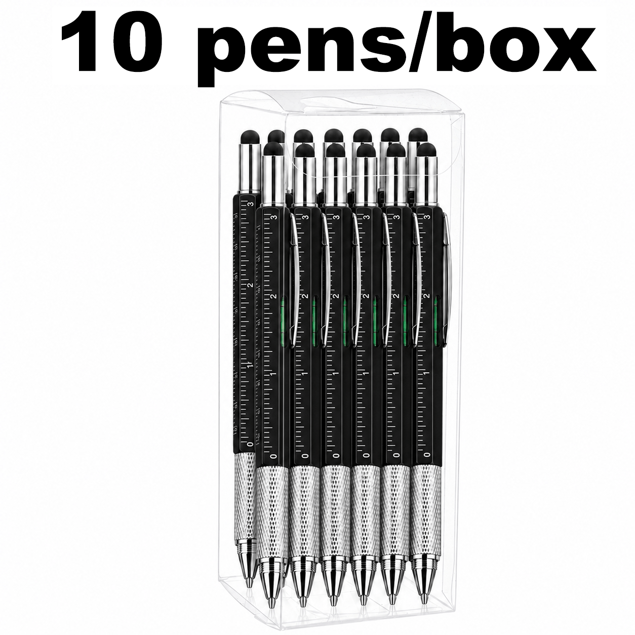 TEMU 10pcs/box Multifunctional Tool Pen 6-in-1 Ballpoint Pen Set, Including Ruler, Bubble Level, Screwdriver Head, Portable Metal Pen For Office And