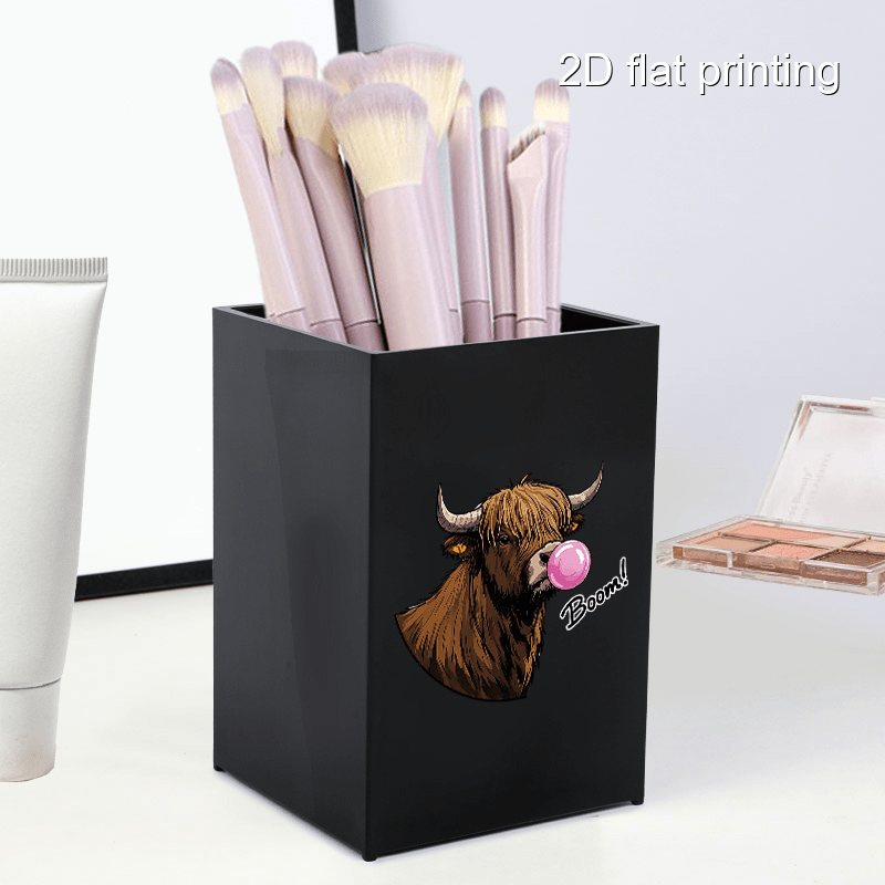 1pc cute bubble gum cow design makeup brush holder portable dustproof cosmetic organizer for brushes eyebrow pencils black plastic vanity storage box with highland cow illustration vanity storage solution   design sleek organizer Product details 3