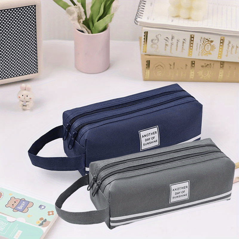 TEMU 2pcs Large Capacity Double-layer Pencil Case - Durable Oxford Fabric, Dual Zipper Design, Portable And Multi-functional, Suitable For Use,