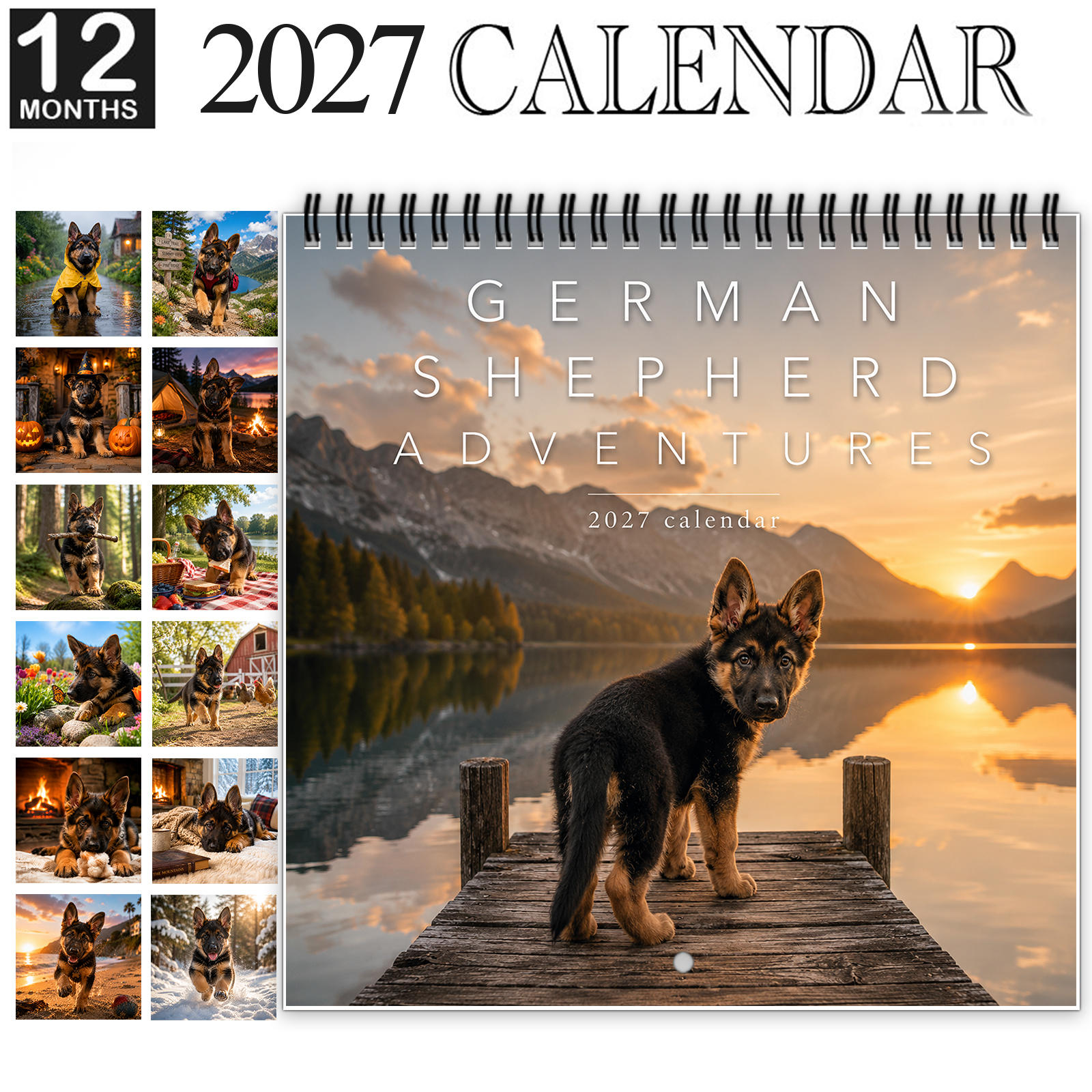TEMU 1pc German Shepherd Wall Calendar 2027 - Spiral-bound Thick Coated Paper Puppy & Dog Photos Suitable For Home Or Office Decor, 12-month Monthly