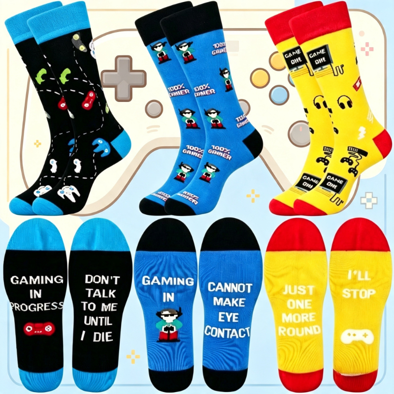 TEMU 3-pair Men's Trendy Pixel Game Controller Jacquard Mid-calf Socks, Flexible And Breathable Knitted Fabric, Suitable For Commuting And Outdoor