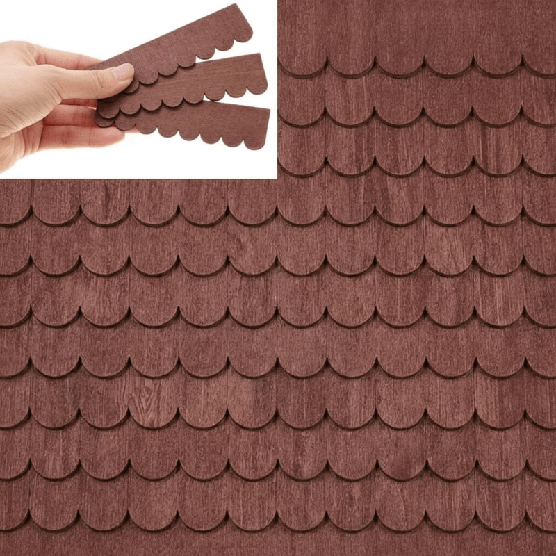 TEMU Lot de 50 bardeaux de toiture 2D plats imprimés sur une seule face, effet écailles de poisson, en bois artificiel pour maison de poupée,