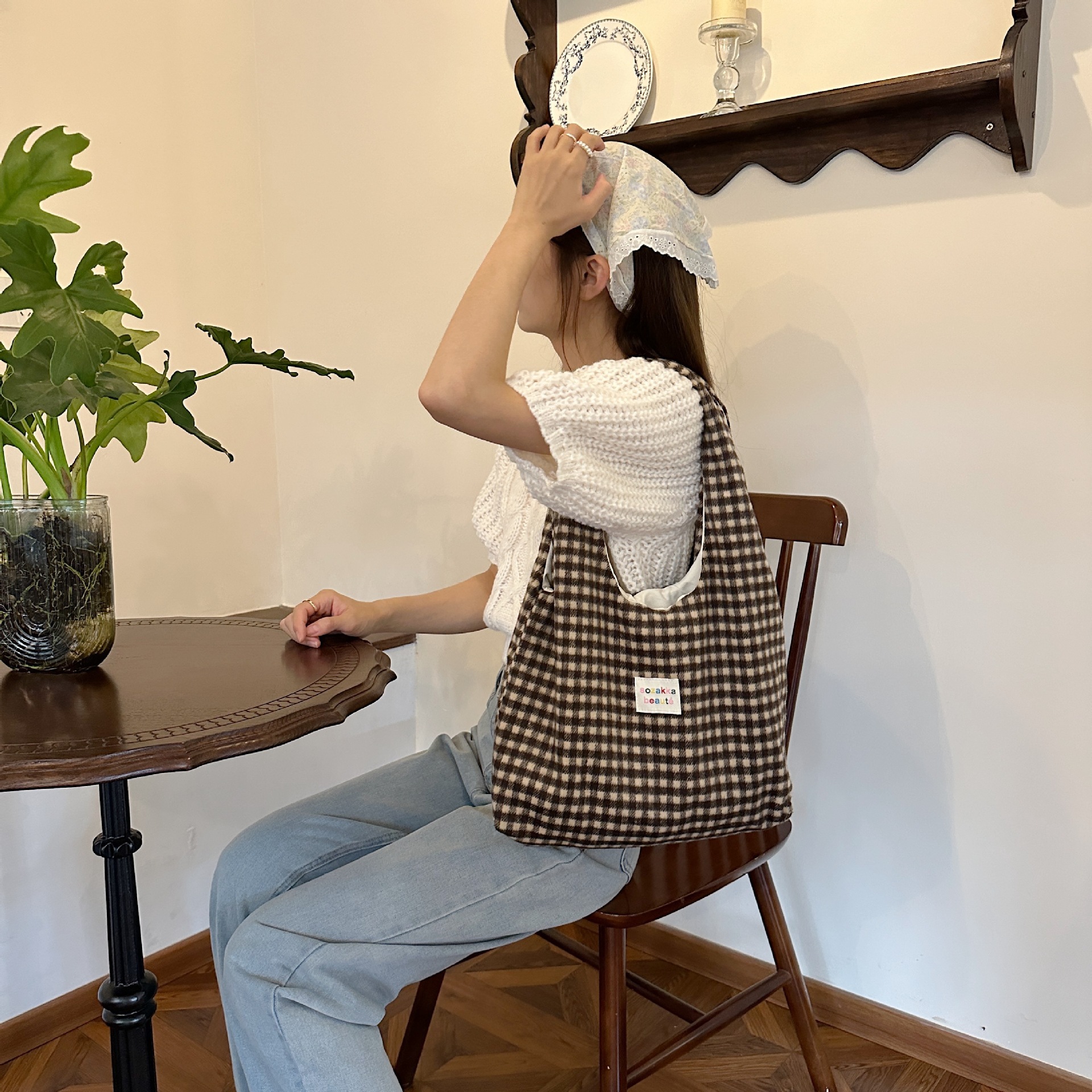 Pink Gingham Hobo Tote Bag Large Capacity Casual Shoulder Purse_voghion.com