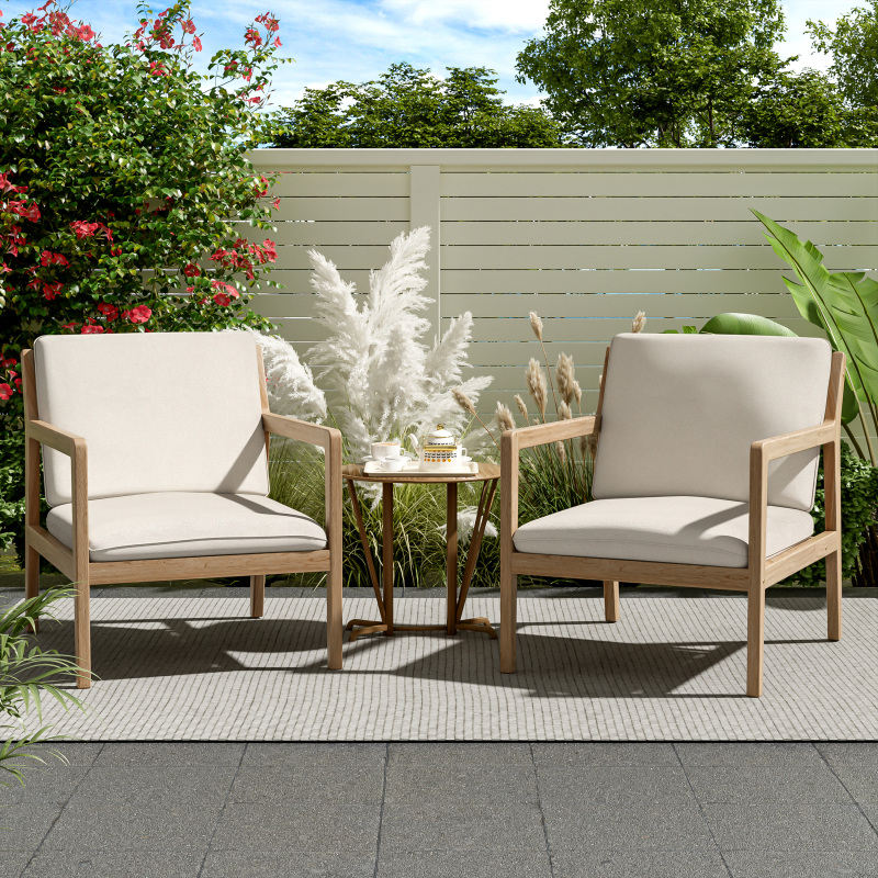 Set of 2 Acacia Wood Armchairs | Light Teak Patio Club Chairs with Painted Frame, PVC Material