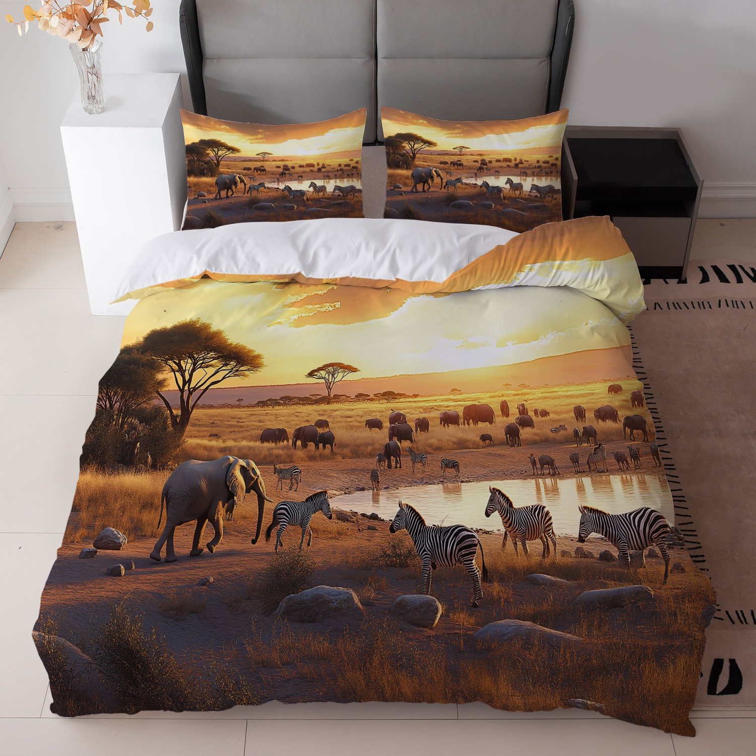 TEMU 3pcs Bedding Set - Sunset Landscape With Elephants And (1duvet Cover   2pillowcase, Without Core) - Perfect For And Enthusiasts