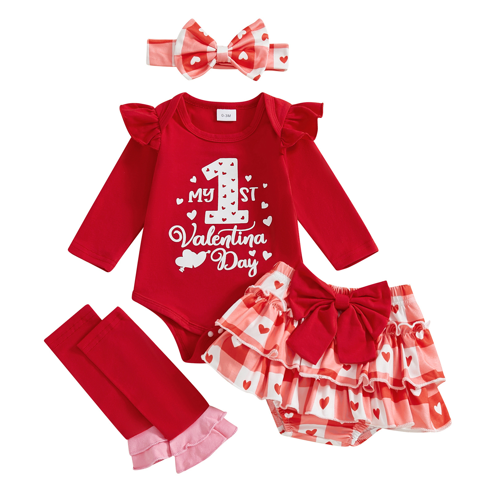 

Baby Girl 1st Valentine Outfit Letter Print Long Sleeve Romper With Heart Print Shorts And Bow Headband Leg Warmers, For Outdoor