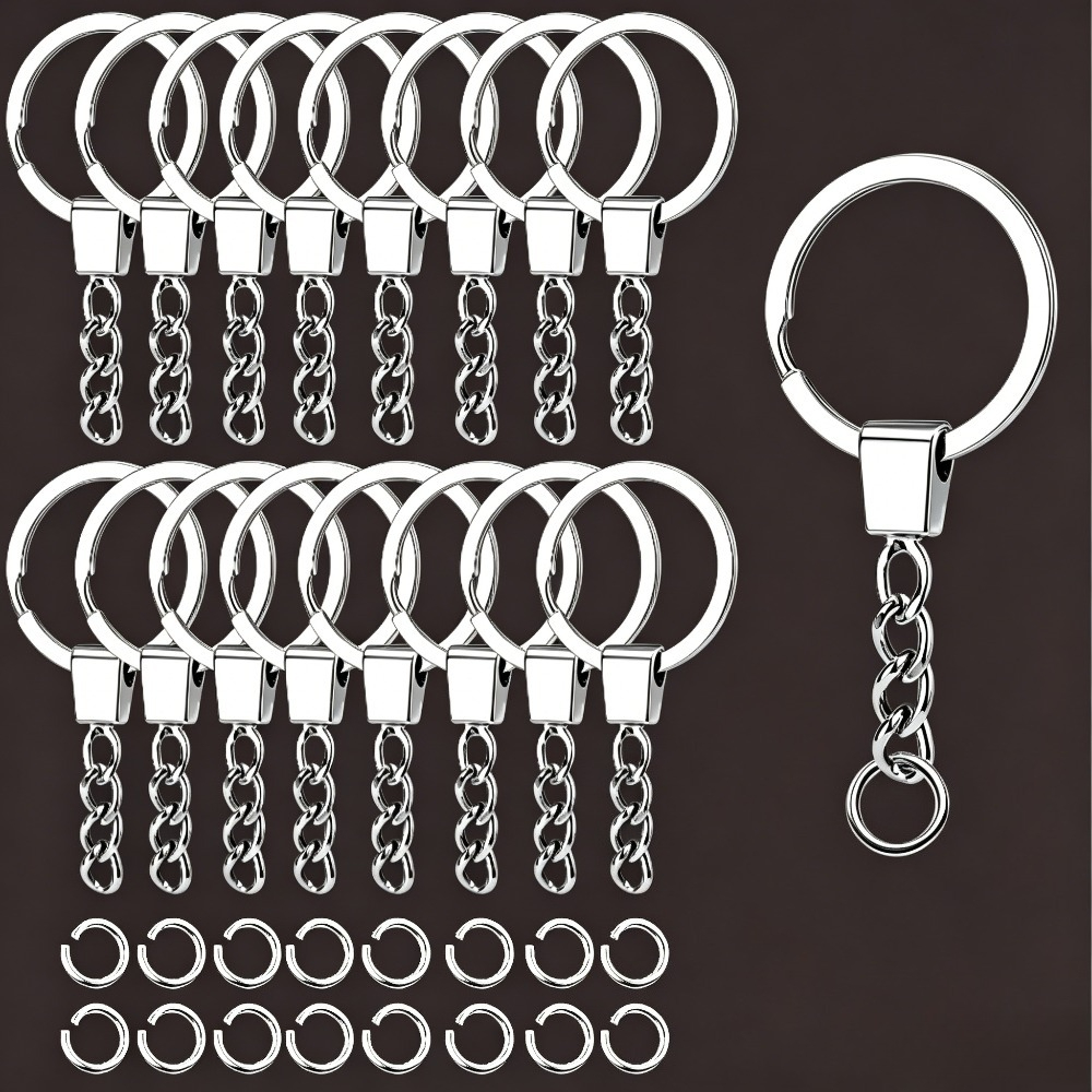 TEMU 32pcs Metal Keychain Additions Set, Including 16 Key Rings With Long Tail Chains And 16 Small Open Jump Rings, For Key Classification And