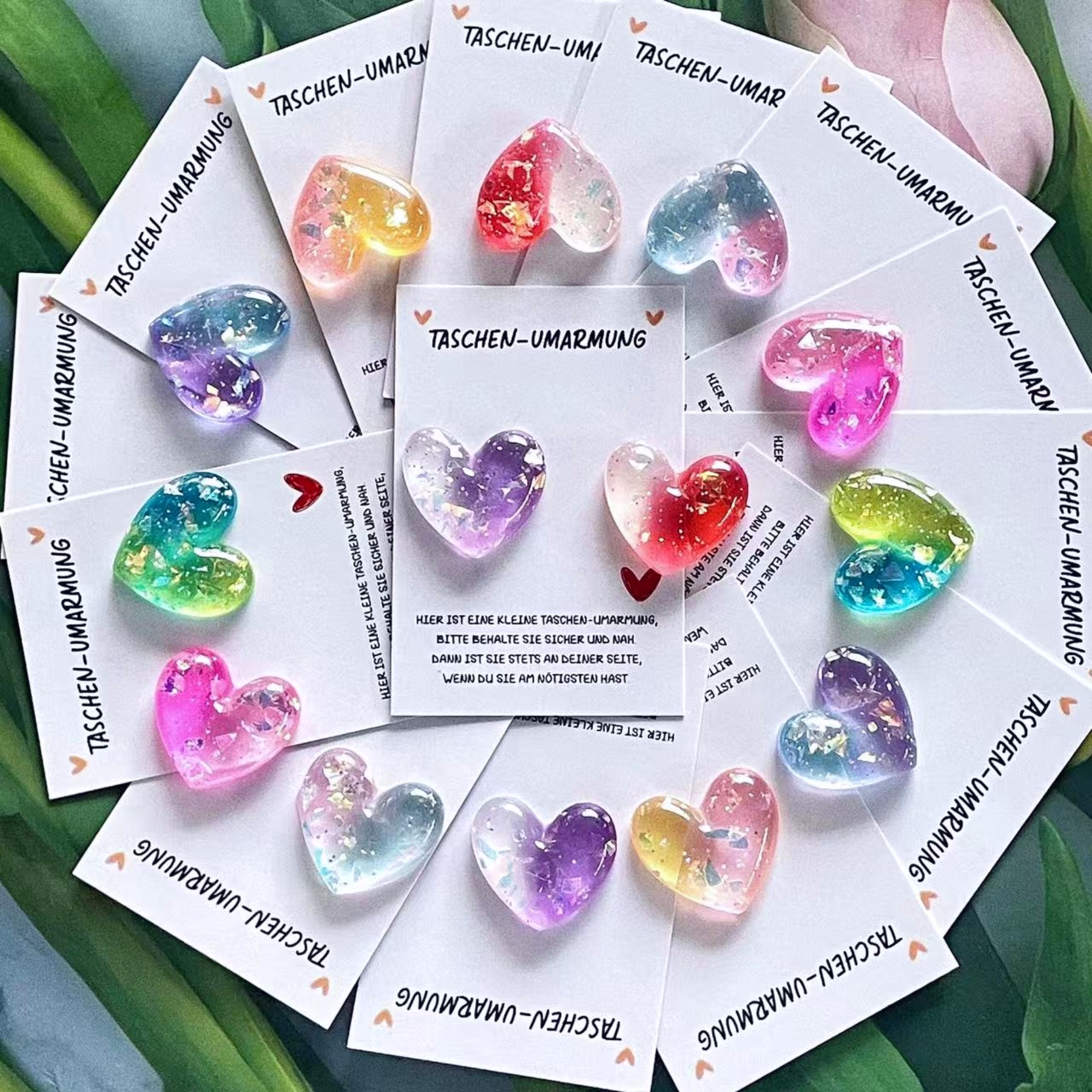 Image of 7pcs/14pcs Assorted Gradient Heart - German Text Pocket Hug Cards - Perfect For Heart Lovers, For , Expressing For . Ideal For Christmas, New Year, Birthdays, Weddings, Thanksgiving Gifts