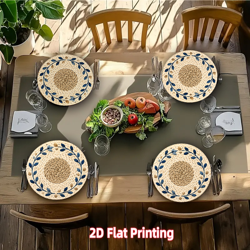 TEMU Sets de 4 nappes plates 2D en bois rondes beige et bleu - Vaisselle texturée pour repas, décoration de table, pour fêtes, dîners de Pâques,