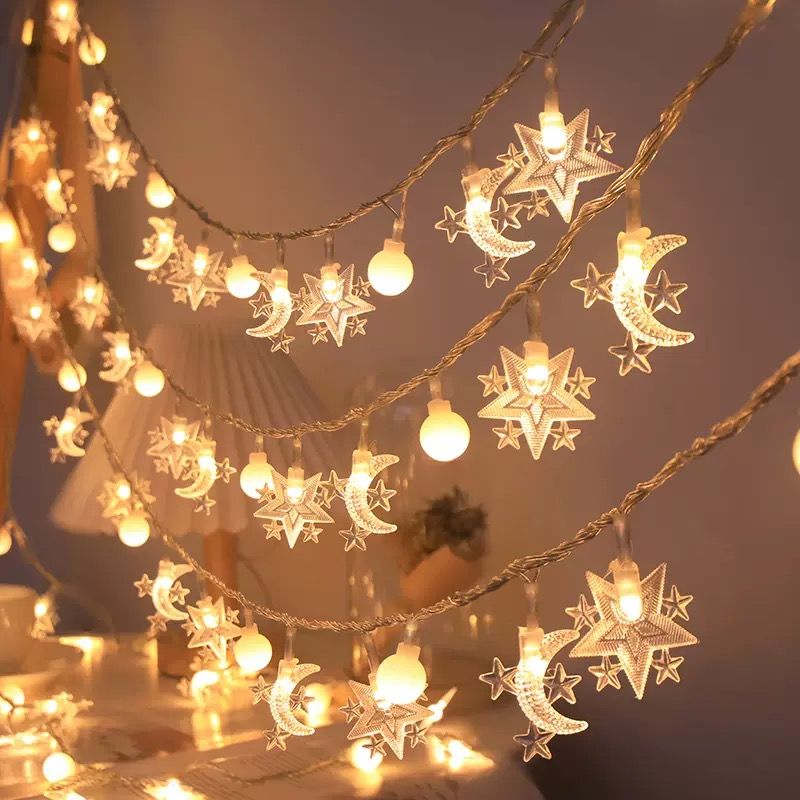 10-LED Star and Moon Light Bulb String | Battery Powered, Ideal for Ramadan, Valentine'S Day, Bedroom, Home, Wall Decor, Birthday Parties, Wedding Season, New School Year - Classic Style, Plastic Material