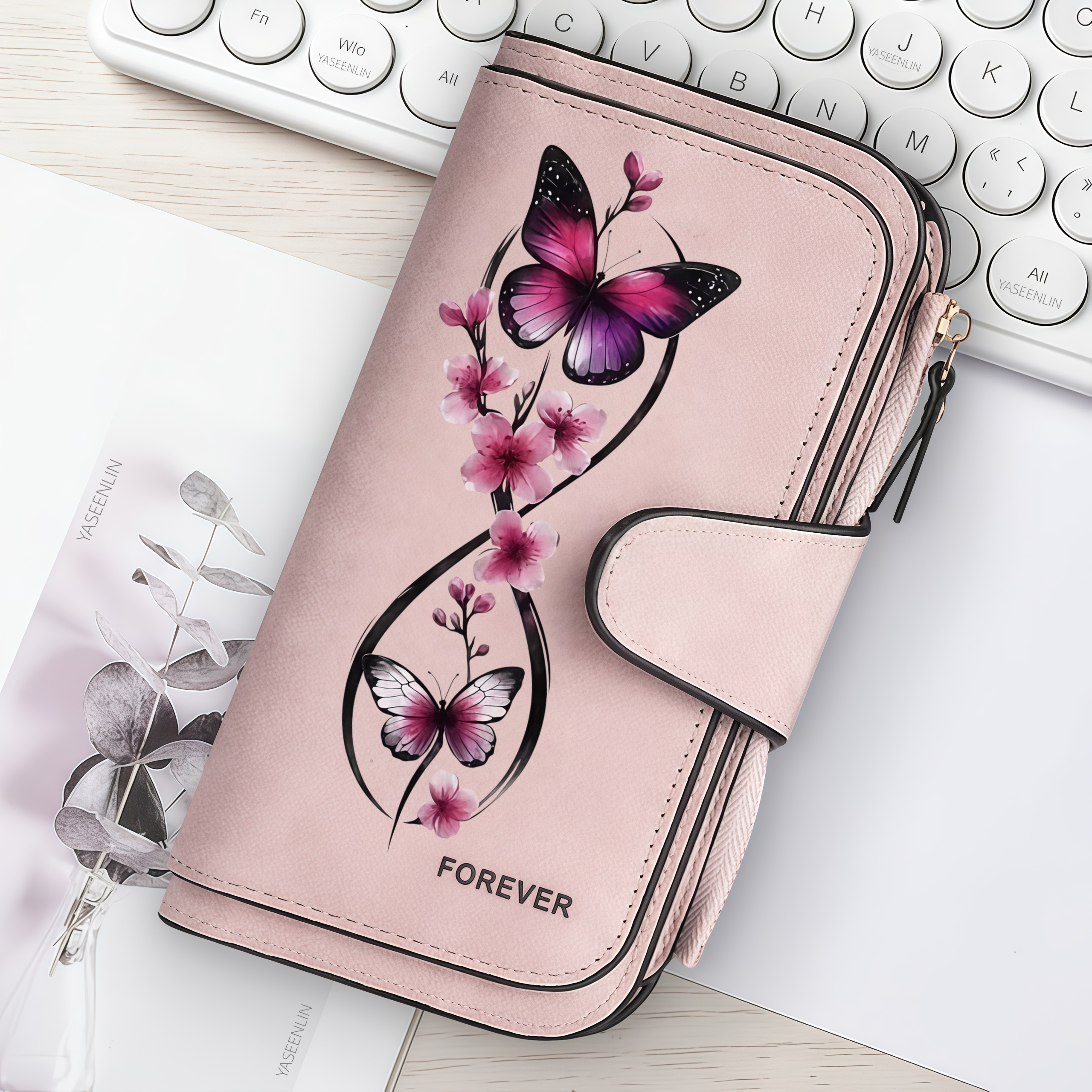 TEMU Yaseenlin Ink-style & Floral Large Capacity Printed Long Zipper Wallet | Casual, Lining, Snap Closure, Random Floral Print, Suitable For Travel,
