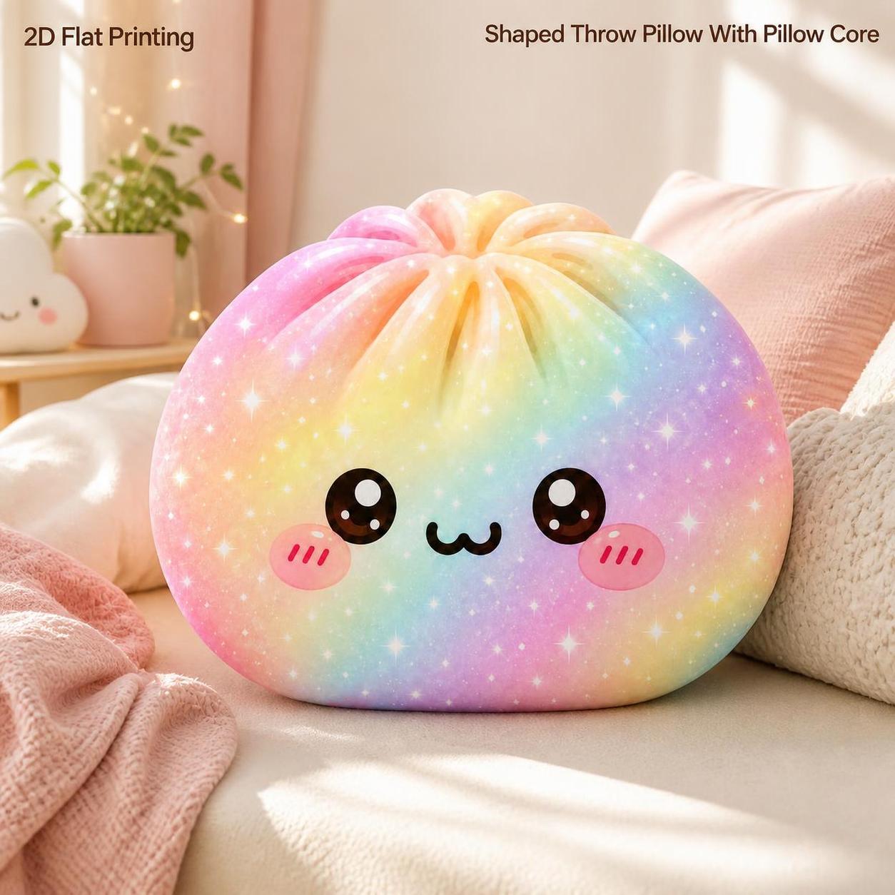 Image of Rainbow Bao Bun Dumpling Cute For Birthday 2d Flat Printing Shaped Stuffed Throw Pillow Decorative Cushion For Bedroom Sofa Kitchen Food Lovers Party Decor