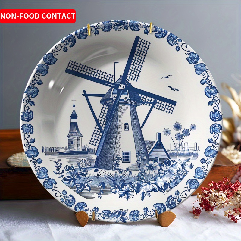 TEMU 1pc Hand-painted & Dutch Floral Ceramic Plate - Windmill Sails & Tulip Bulb Design, Round Decorative Plate For Dutch-themed Home Decor, Wedding,