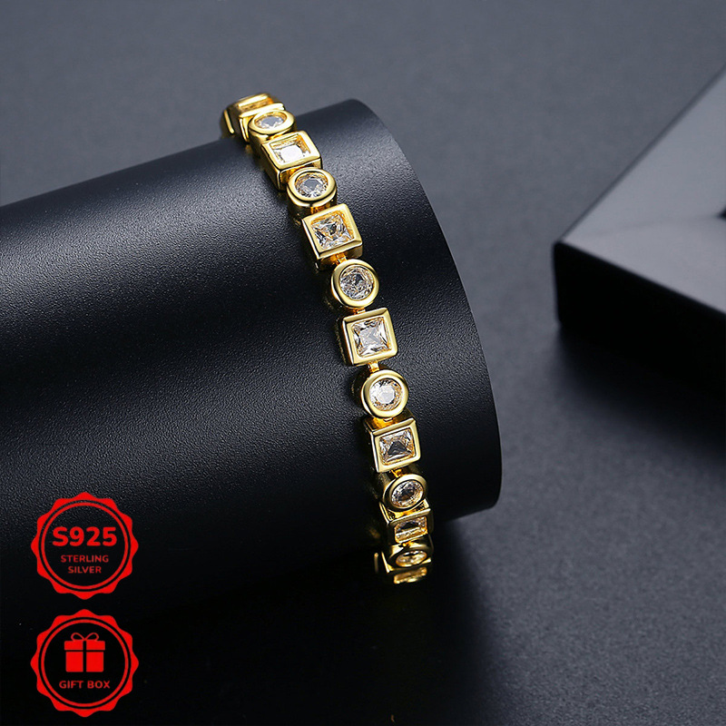 TEMU "moissanite+ Gra Certificate" New Arrival S925 Silver Moissanite Sparkling Bracelet, Tennis Chain, Unisex, Small And Exquisite Square Bracelet,