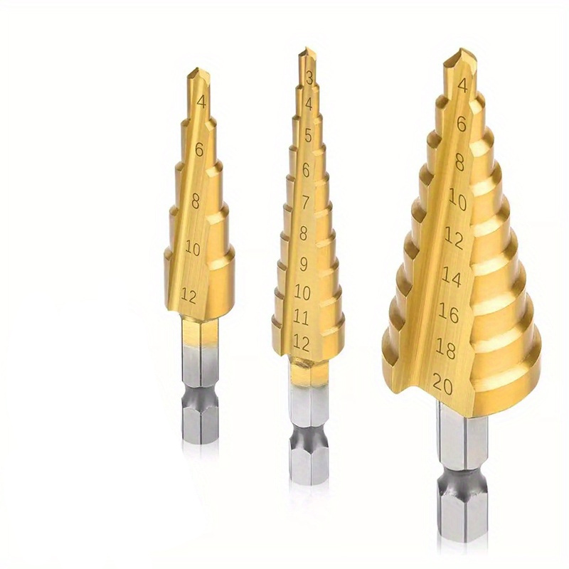 Image of 3pcs Drill Bit Set Durable Type- Coated Step Drill Bit Set And Single Drill Bit 4-32mm Sizes, Suitable Wood And Metal Drilling, Easy To Read Sizes, Includes Storage Box