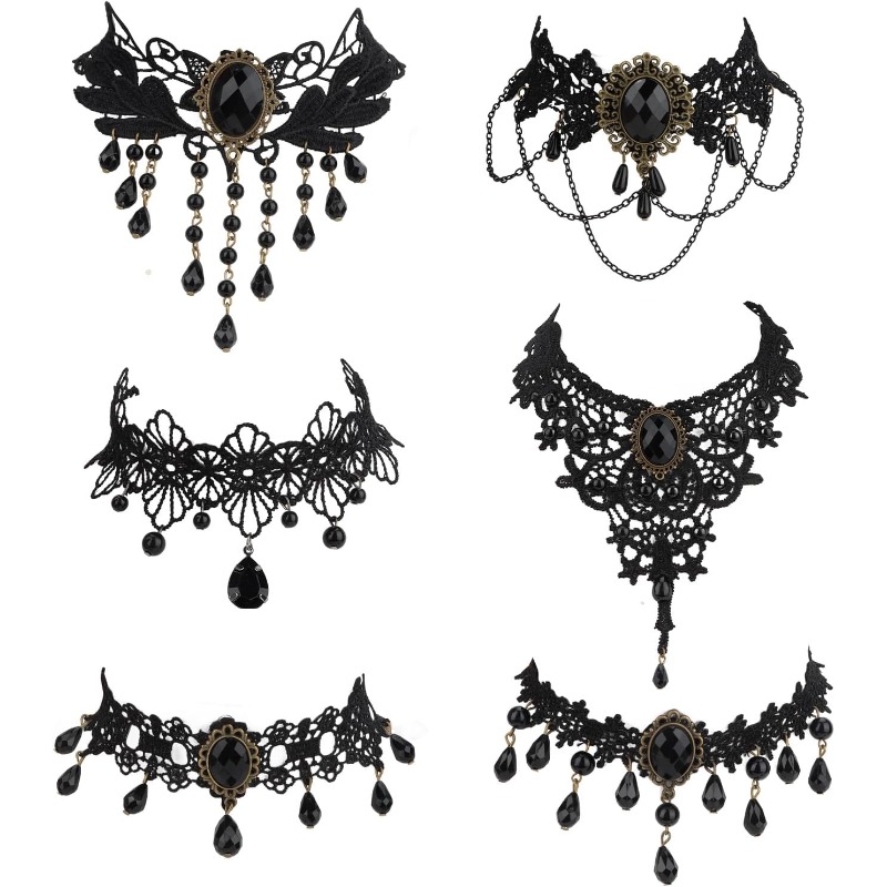 TEMU 6pcs Halloween Necklace Sexy Goth Gothic Steampunk Lace Choker Necklace Punk Style Chains Collar For Women Cosplay Costume Party Halloween