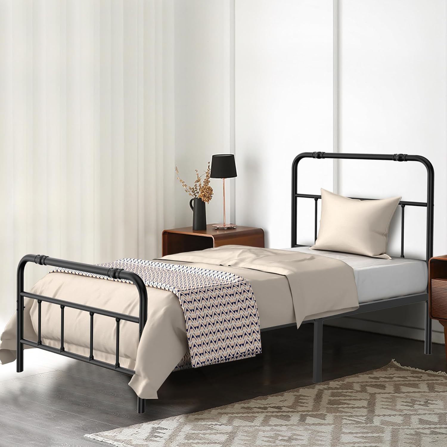 TEMU Bed Frame Bed With Metal Backrests Bed Frame With Slatted Frame, Metal Bed For Bedroom
