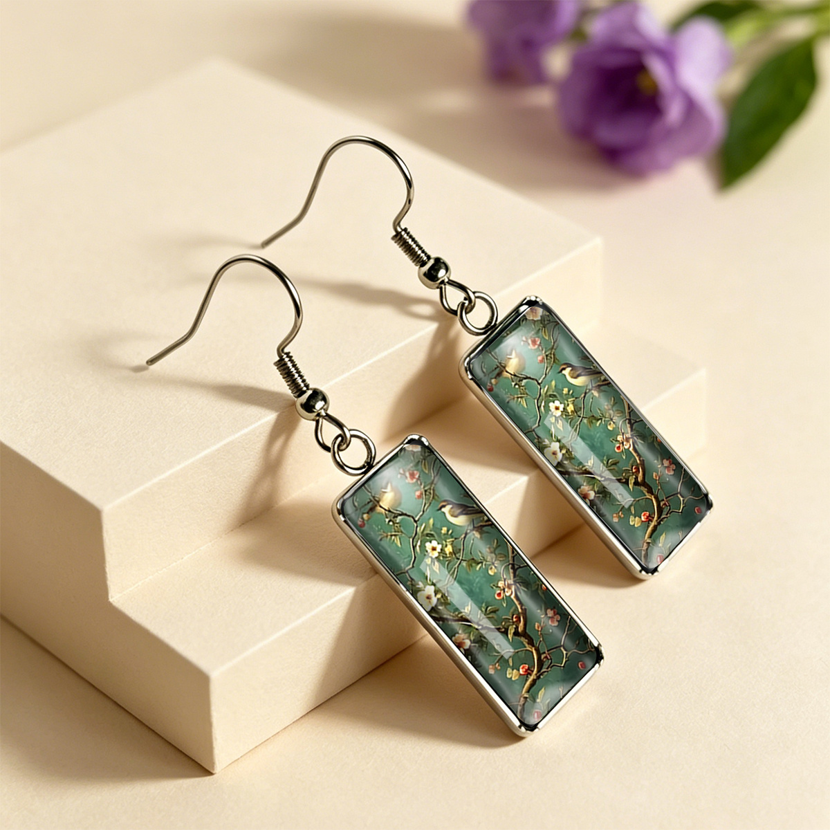 Vintage Floral & Bird-Themed Rectangular Stainless Steel Earrings