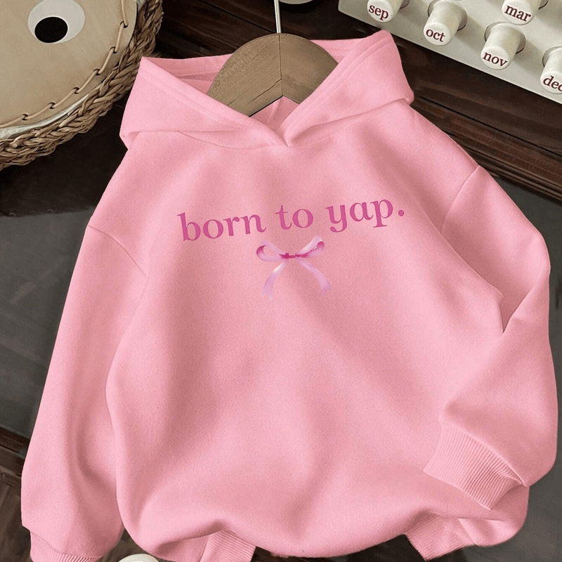 Born to Yap" Red Hoodie for Girls - Cozy & Stylish Fall/Winter Pullover with Bow Detail, Casual Knit Fabric, Perfect for Casual Attire, Casual Winter Wear | Playful Print Hoodie | Glossy Finish Hoodie