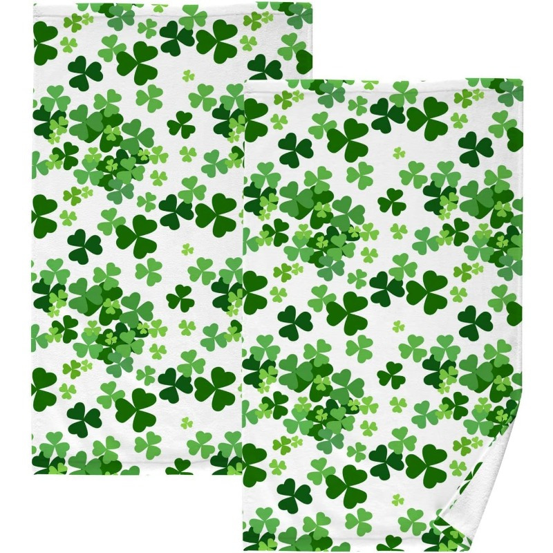 

2pcs 's Day Hand Towels - Contemporary Style, 100% Polyester, , Absorbent, Machine Washable, Rectangular Shape With Clover Shamrocks Design