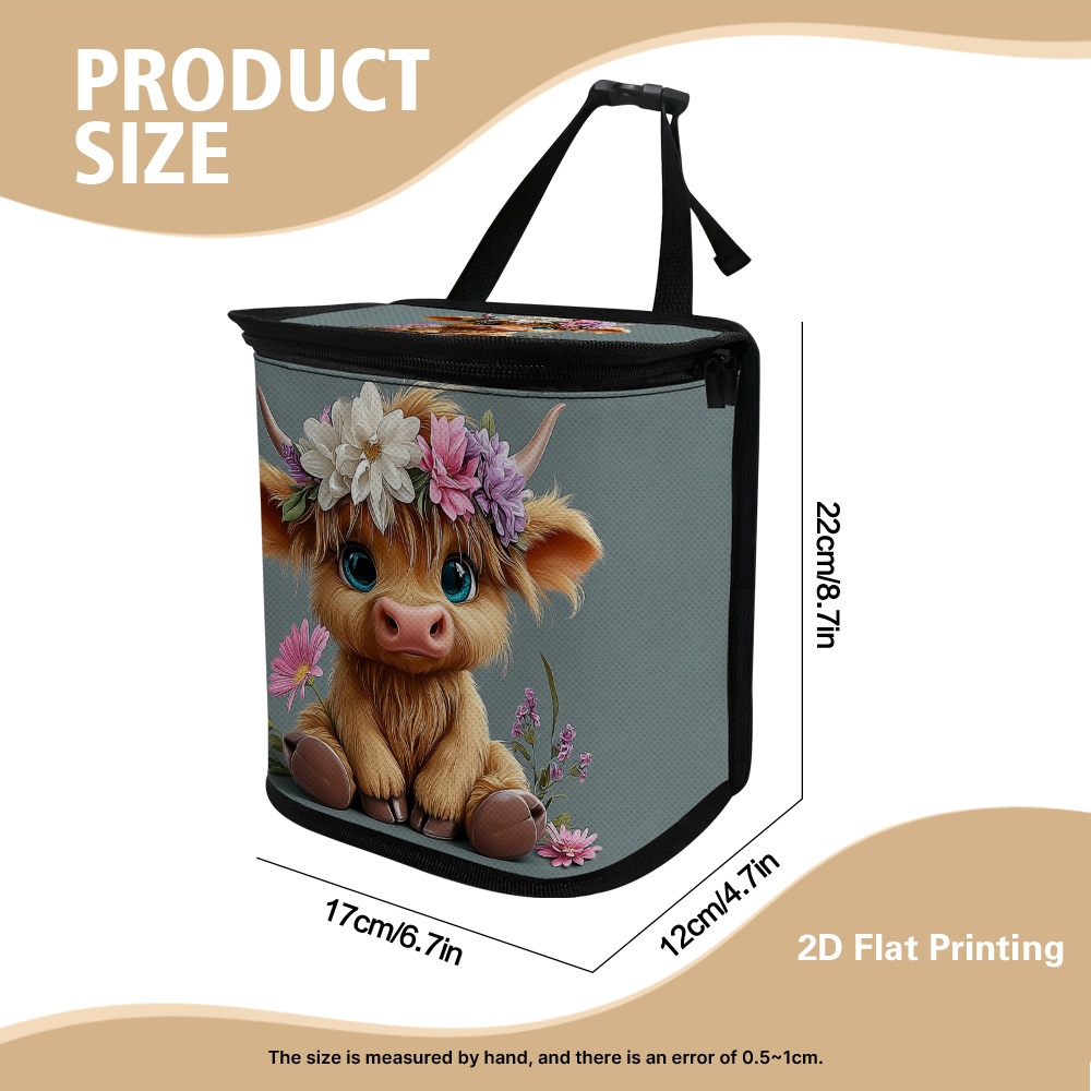 TEMU 1pc Car Trash Bag With Cute Highland Cow Floral Crown Print, Foldable With Cover, Auto Seat Back And Floor Organizer, Women' Interior Decor