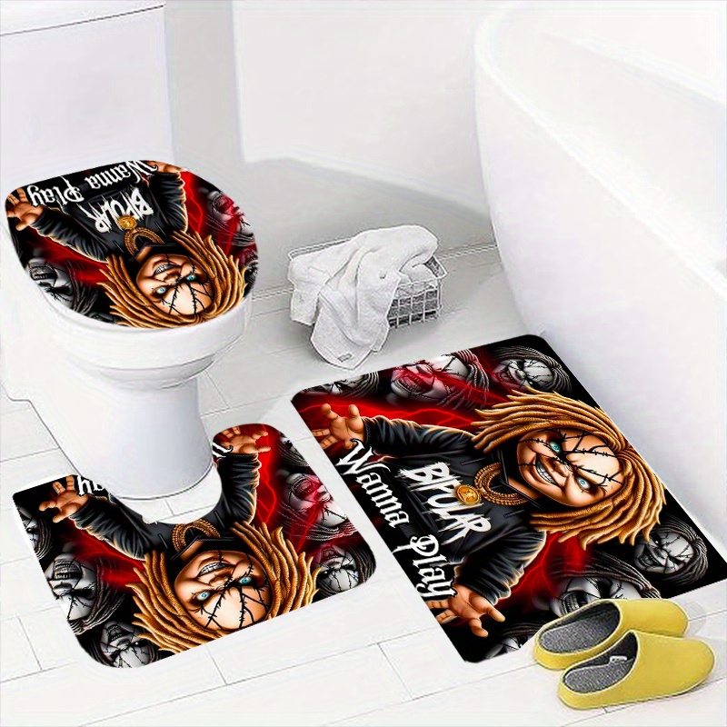 1/ 4pcs: Creative Horror Doll Pattern Shower Curtain, Shower Curtain Set, Non-Slip Bathroom, U-Shaped, Toilet Seat Cover, Halloween Shower Curtain with 12 Durable Hooks, Bathroom Decorations And Additions, Exquisite Holiday Furniture
