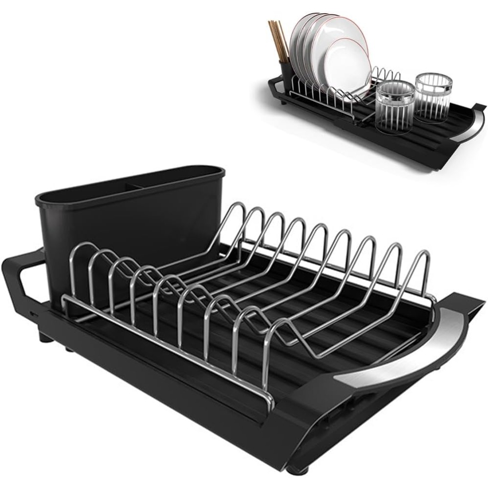 Image of 1 Pack Expandable Stainless Steel Plate And Bowl Drying Rack With Cutlery Holder For Kitchen Countertop And Sink Drainage -49.5x20x12.5cm Black