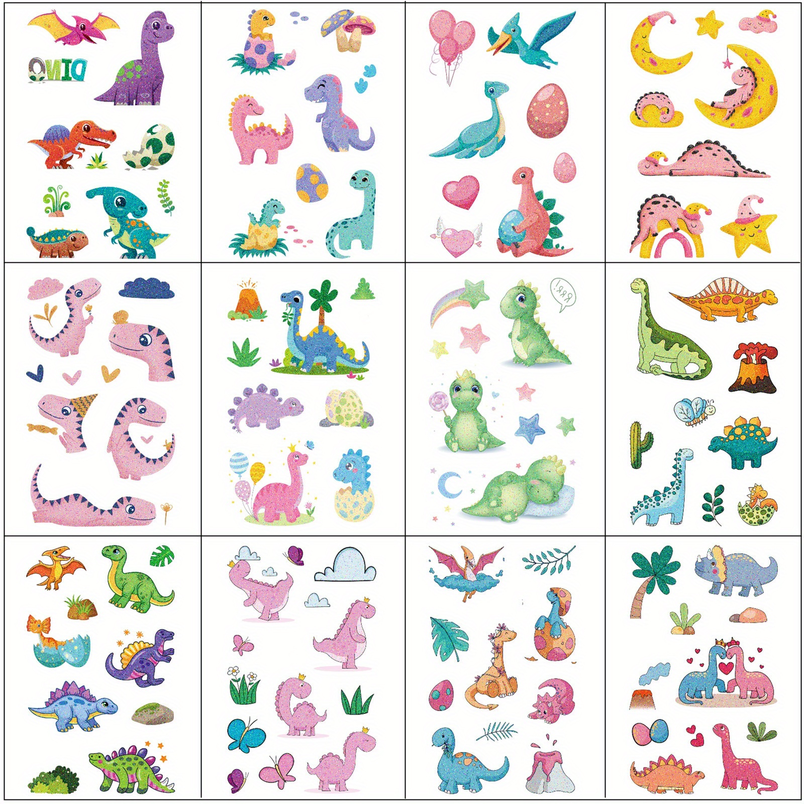 Image of 12pcs Sparkling Dinosaur Temporary Tattoo Stickers, Cute Design Waterproof Rex Triceratops Fake Tattoo Stickers, Designed For Halloween