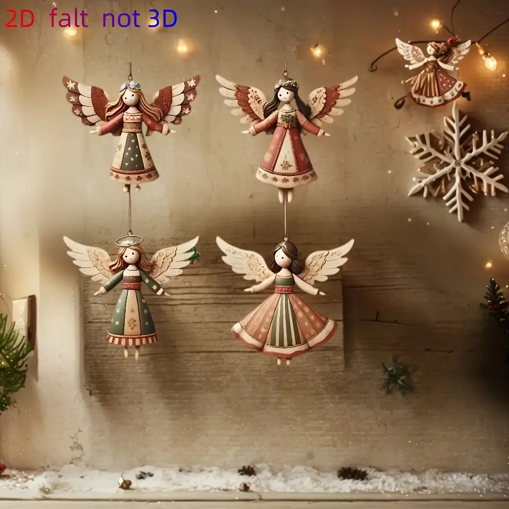 TEMU 2d Flat - Set Of 4 Vintage Wooden Christmas Ornaments In 2d, Handcrafted For Holiday Decorations Suitable For Home And Office, Perfect For