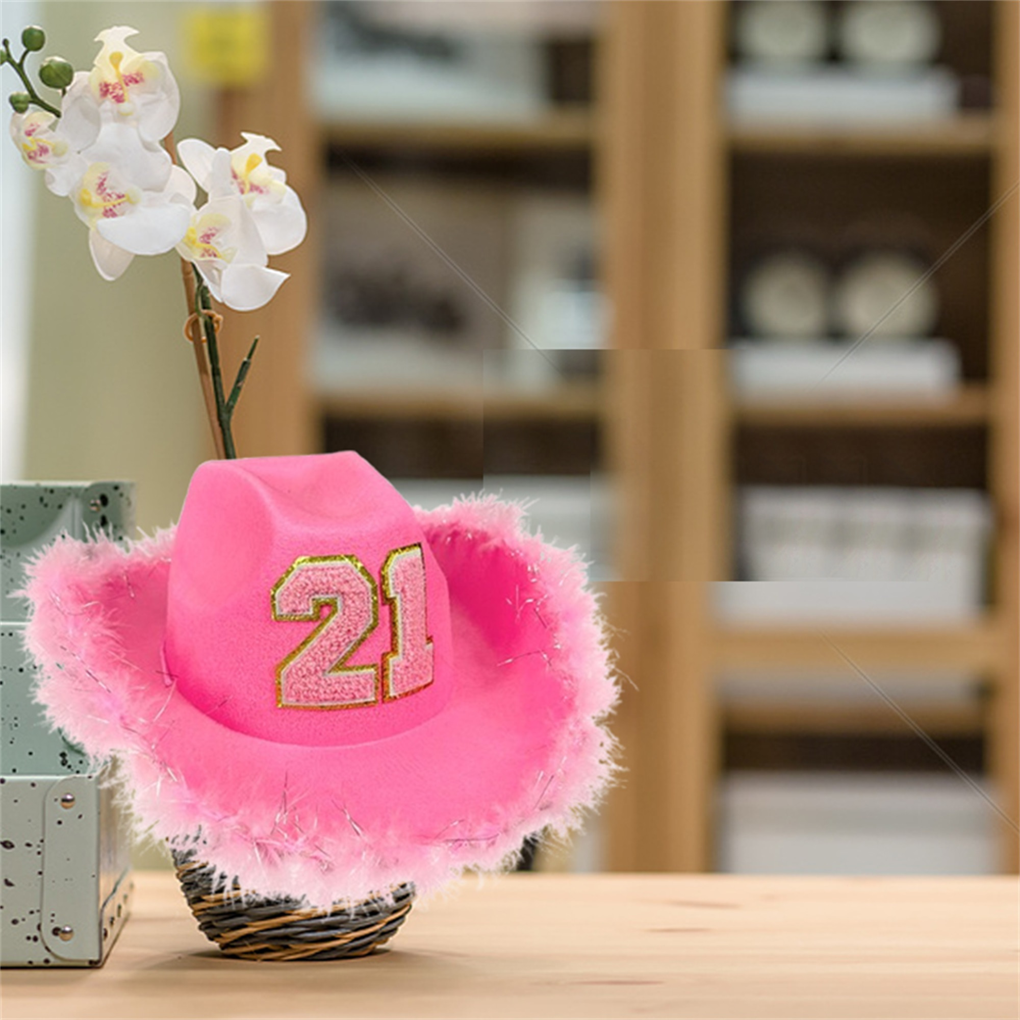 2pcs Pink Plush Trim Cowboy Hat and Star-Shaped Fashion Glasses Set for,  21st Birthday Party Cowgirl for men and