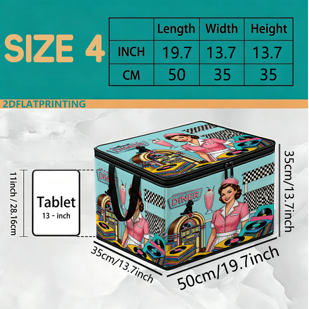 TEMU New Arrival: 1pc 2d Flatprinting Full-print Large Foldable Zipper Storage Box Organizer, Vintage 50s Diner Waitress Milkshake Record Black White