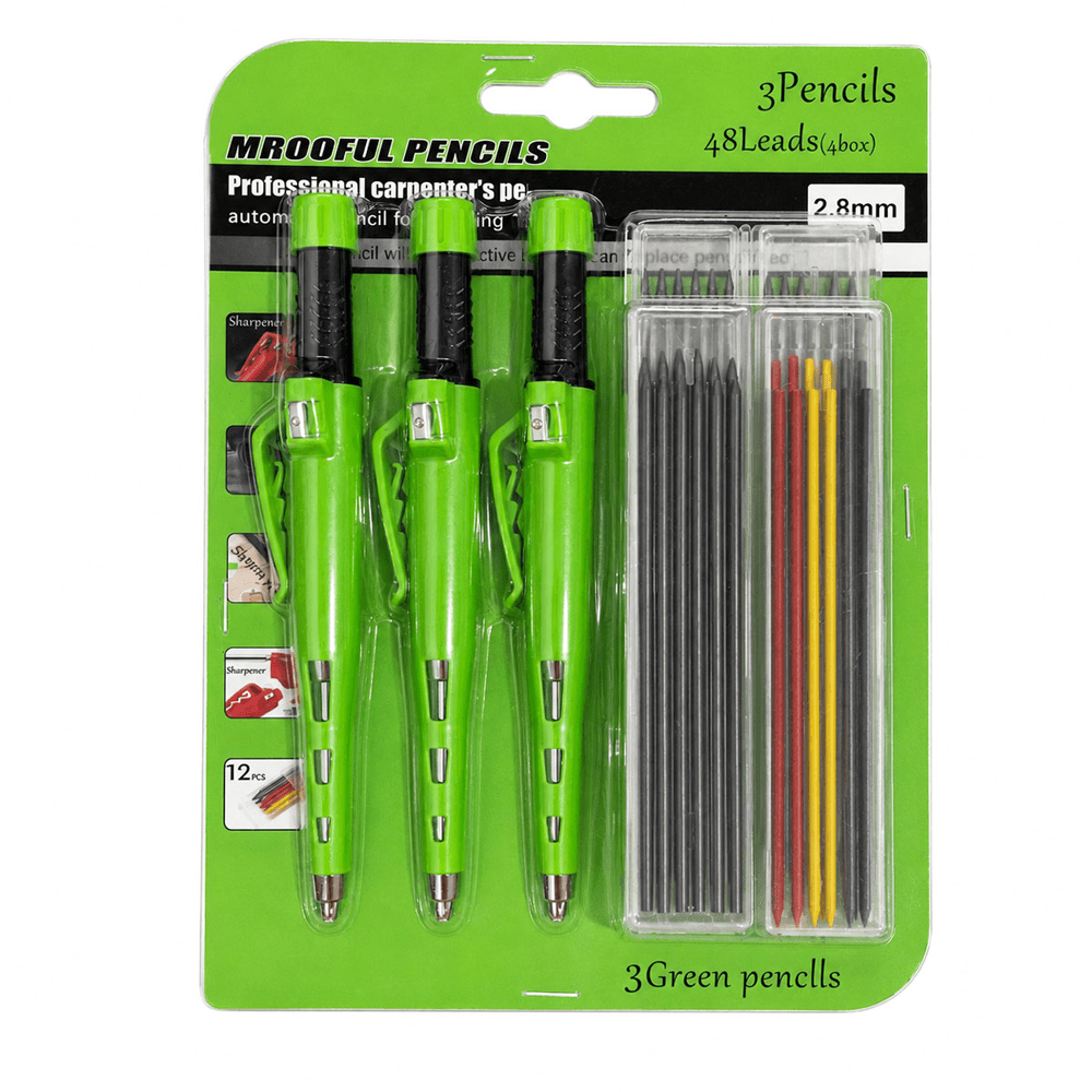 Set mehanskih svinčnikov za obdelavo lesa 2,8 mm, vključuje 3 svinčnike + 4 škatle s po 12 minami za polnjenje, vgrajeno šilčilo, mehanski