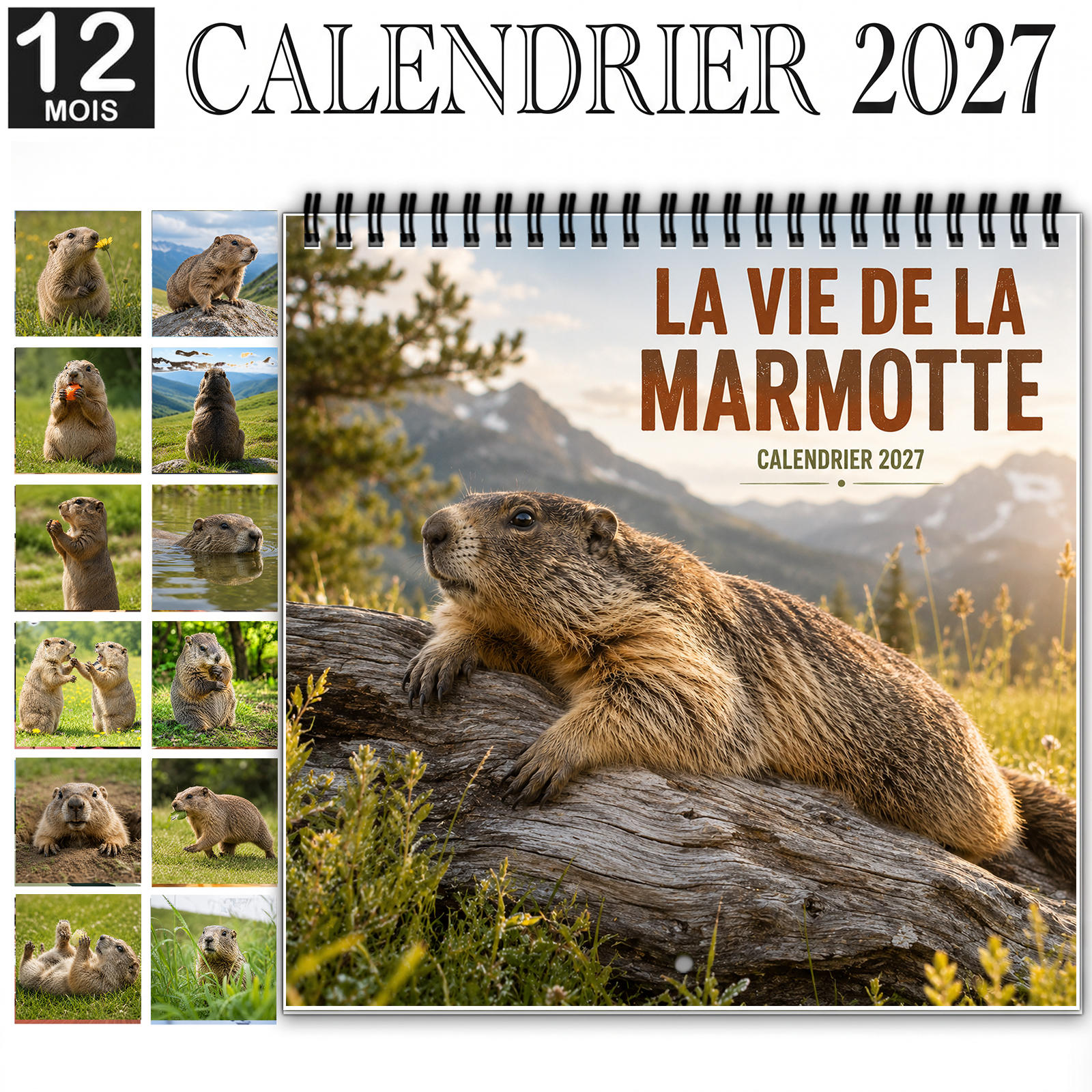 TEMU Calendrier mural Marmot 2027, planificateur mensuel à spirale de 12 mois avec papier épais et brillant, met en valeur observante dans des scènes