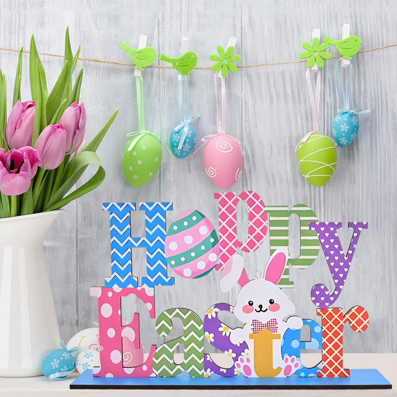 

1pc Wooden Easter Sign With & Eggs - Tabletop Decorative Ornament, Multifunctional Home & Art Decor, Ideal Easter Gift For , English Lettering