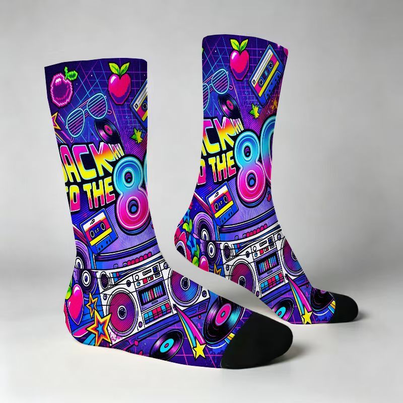 TEMU Retro 80s Synthwave Crew Socks Suitable For Men Women Kids - Neon Boombox Cassette Tape & Vinyl Record Print, Full-body Vaporwave With Fashion