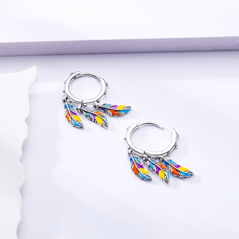 Women's Colorful Feather Drop Earrings in 925 Silver