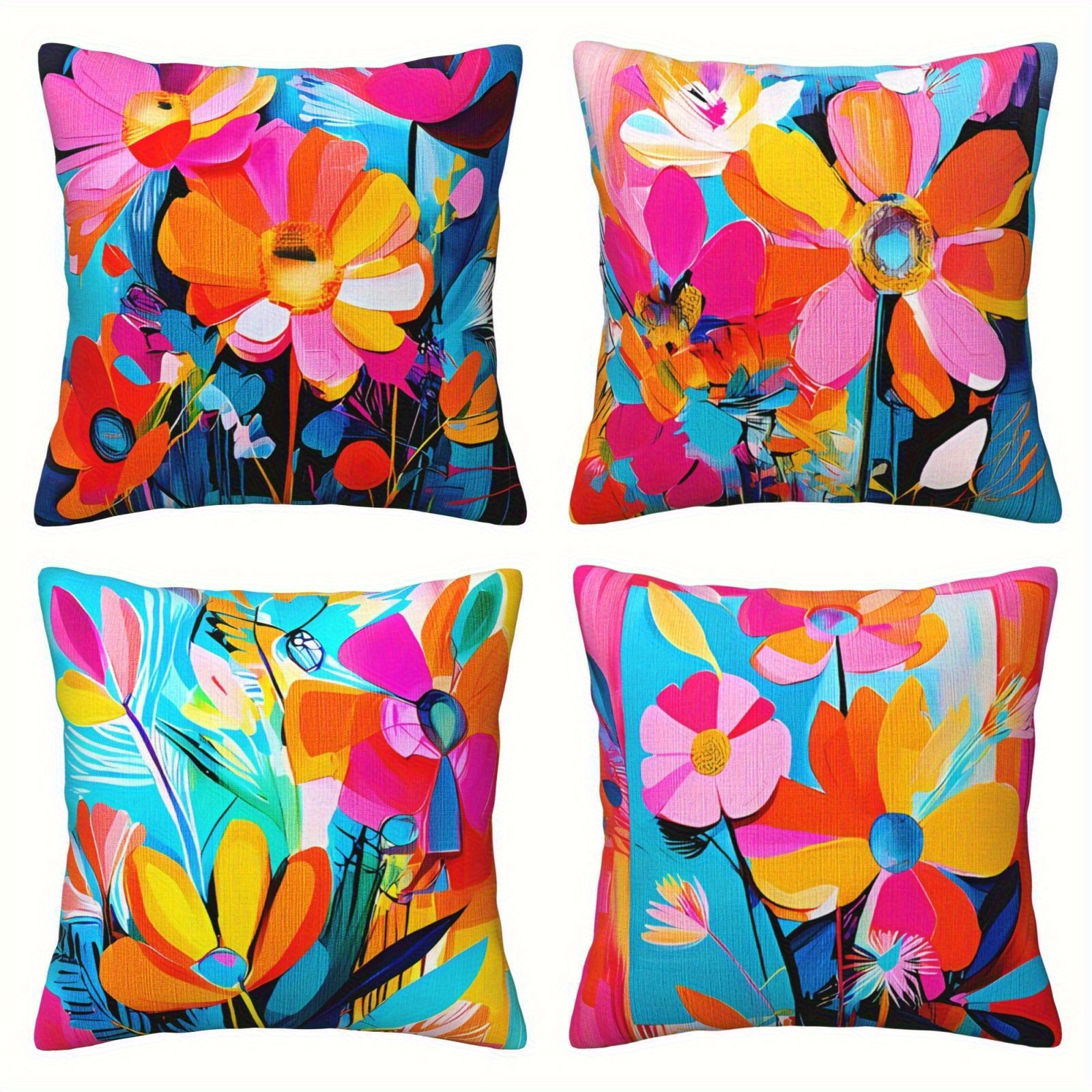 TEMU 4 housses de coussin à floraux abstraits colorés, style bohème avec design vibrant, pour salon, chambre ou bureau, fermeture éclair, lavables en
