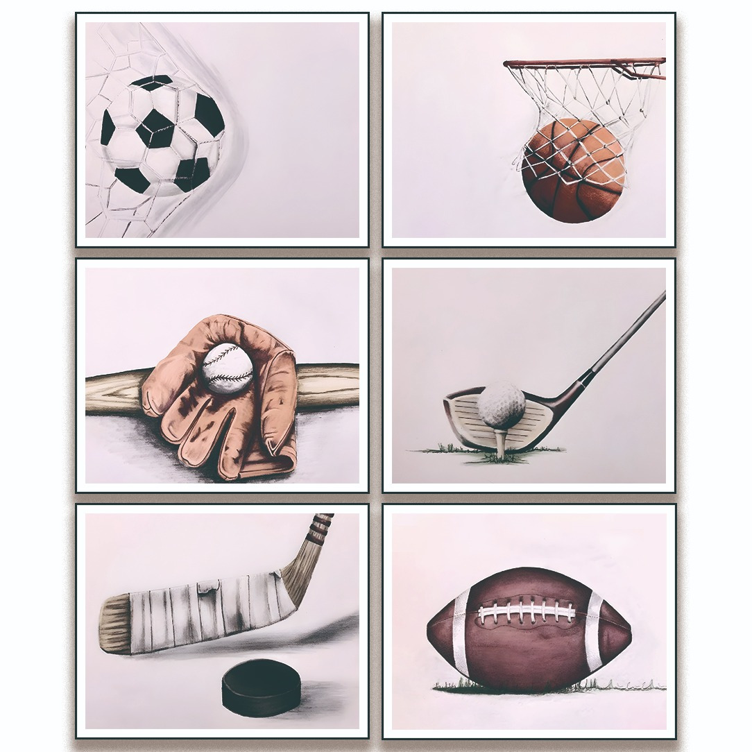 TEMU 6pcs Vintage Sports Art Poster Set, Frameless 8x10inch Paper Prints, Football, Basketball, Soccer, Golf, Hockey, Rugby Wall Decor For Bedroom,