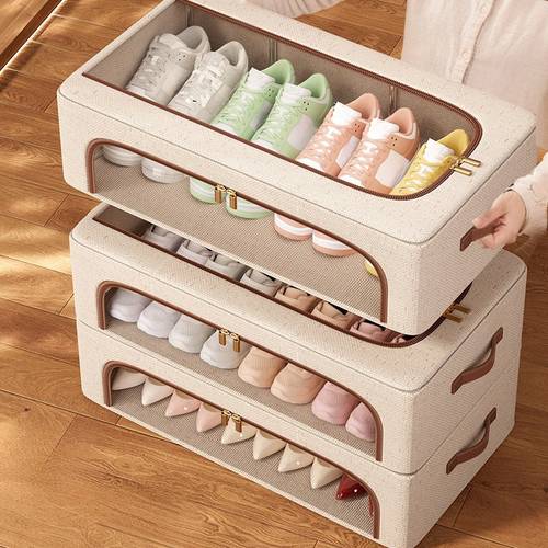 item picture 1pc foldable double window shoe cabinet stackable underbed storage retro style suitable for sports shoes high heels space saving multi purpose closet and bedroom storage solution shoe cabinet underbed storage neutral decoration