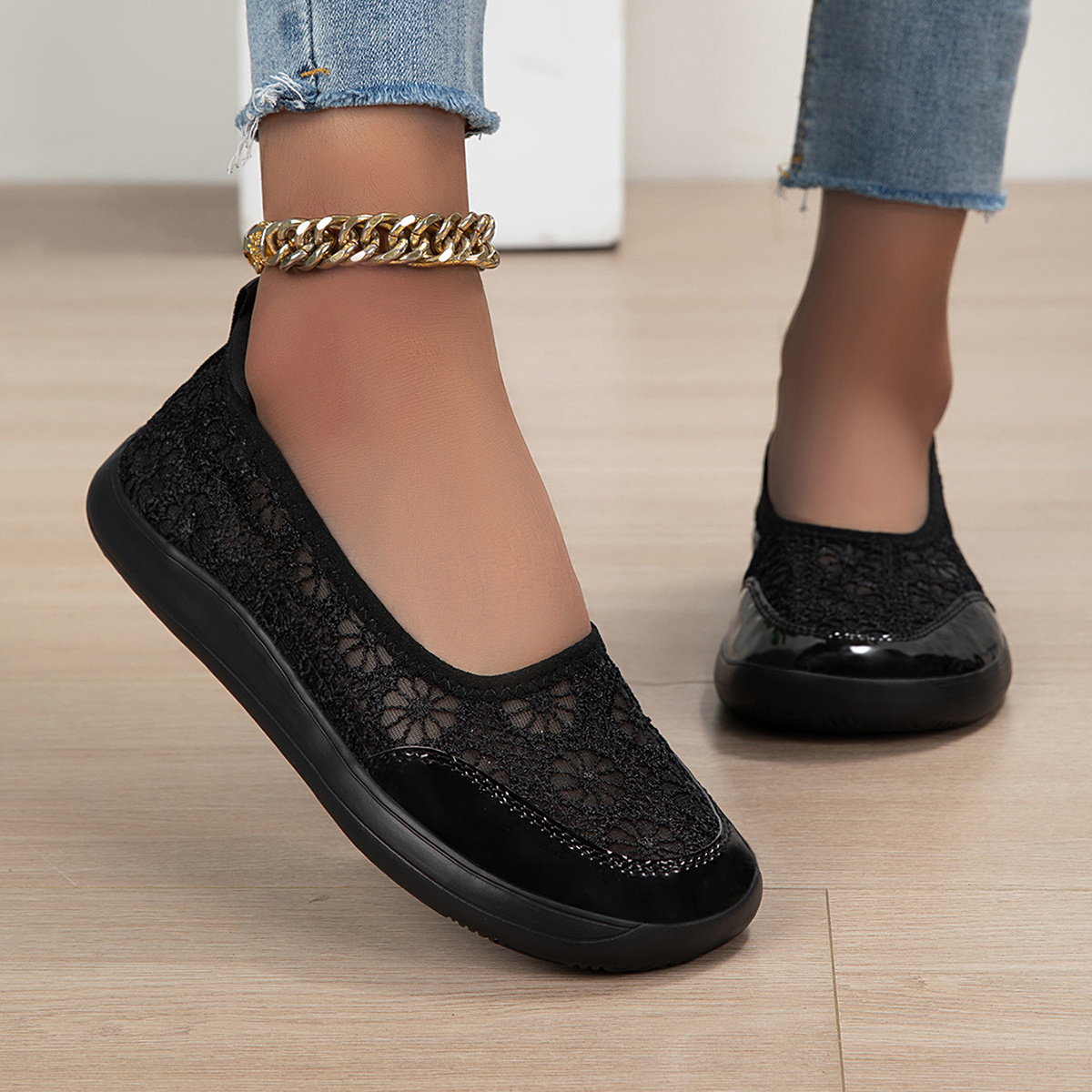 TEMU Lace Breathable Shallow-cut Flat Shoes For Women, Wide-toe Soft Sole Thick-sole Casual Sneakers, 