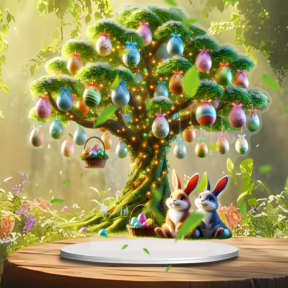 

2d Flat Easter Joy: 7.87-inch Acrylic Table Decoration With Trees And Rabbits-bright And Realistic Design- Gift For Home, Office, Garden