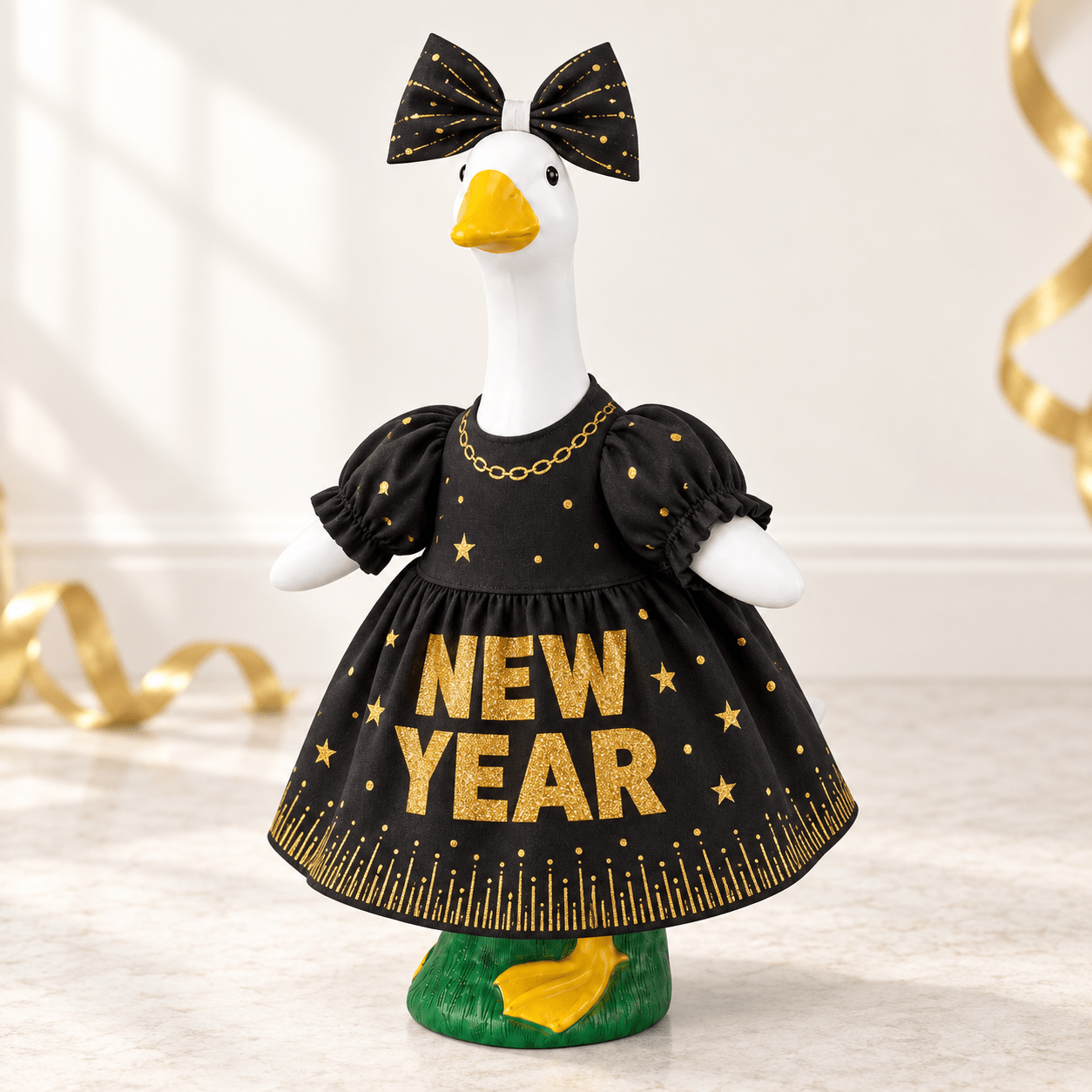 TEMU 23-inch Porch Goose Outfit, 2pcs Set With Matching Headwear, Black Golden New Year, 2d Flat Printed, New Year Party Decor, Goose Statue Not