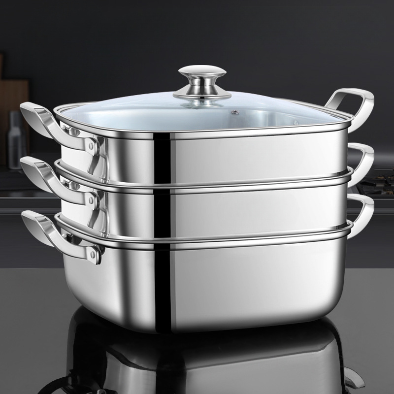 1pc stainless steel 12 inch   tier steamer with glass lid large capacity thickened design easy to clean multi use kitchen cookware details 0