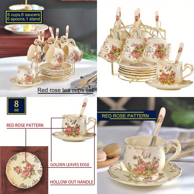     cups and saucers set of 6 8oz vintage floral porcelain tea cups set coffee cups with golden rack Product details 1